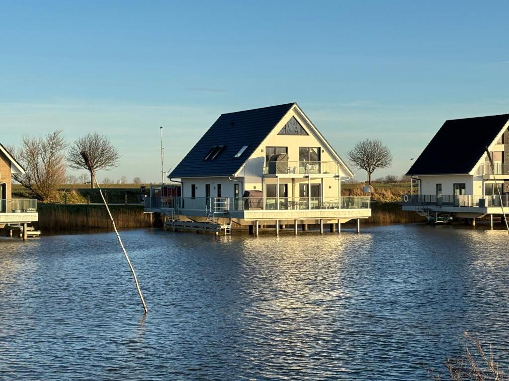 a house on a dock on a body of water at Seeperle Meerleben in Carolinensiel