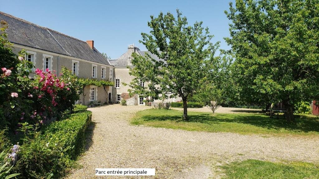 une allée de gravier menant à une maison avec des arbres et des fleurs dans l'établissement Nouveau! Propriété historique avec piscine, proche châteaux de la Loire et Futuroscope, à Les Ormes