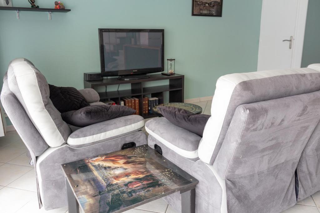 a living room with two chairs and a tv at Duplex la galerie in Saint-Herblain