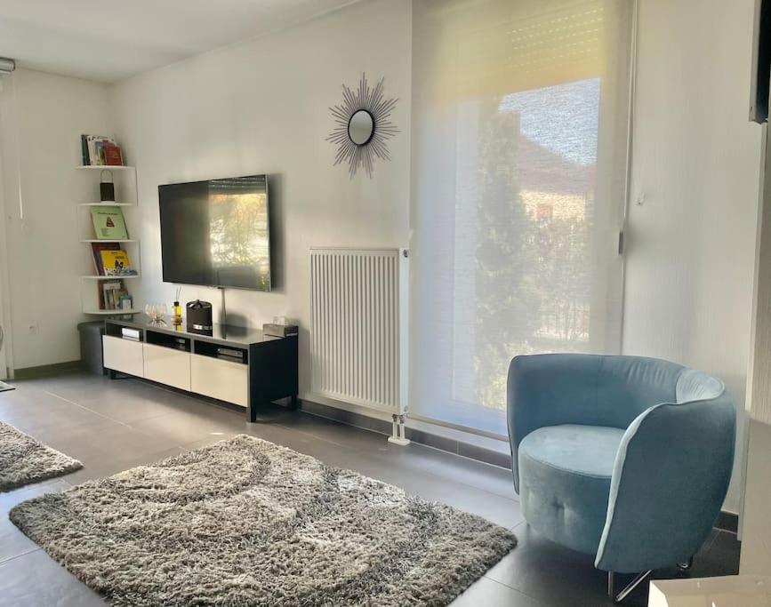 een woonkamer met een blauwe stoel en een televisie bij Robertsau, jardin en ville in Straatsburg