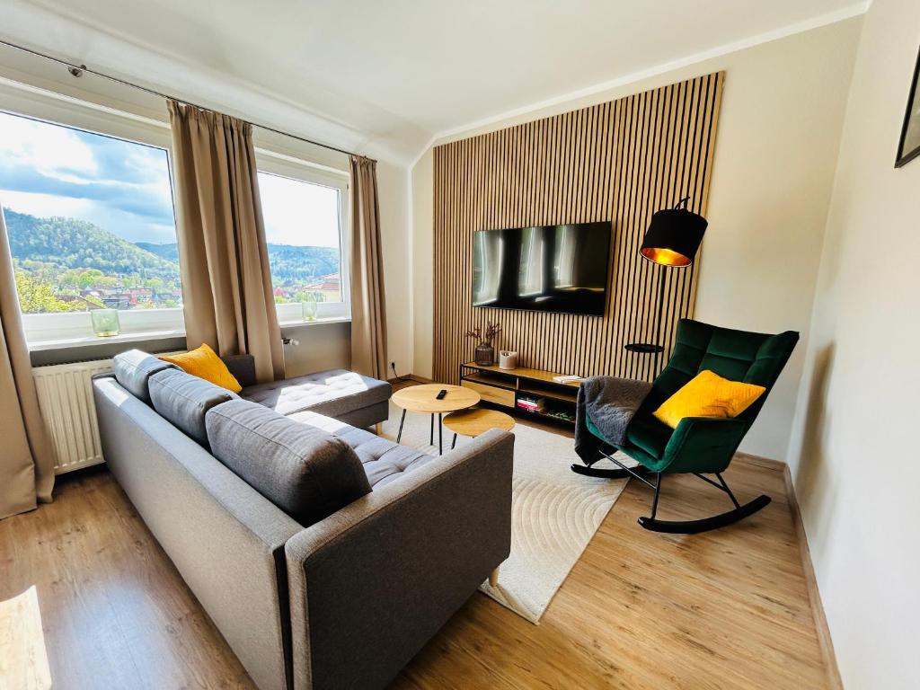 een woonkamer met een bank, een stoel en een televisie bij Harzburgliving Wohnung Goethe`s Auszeit in Bad Harzburg