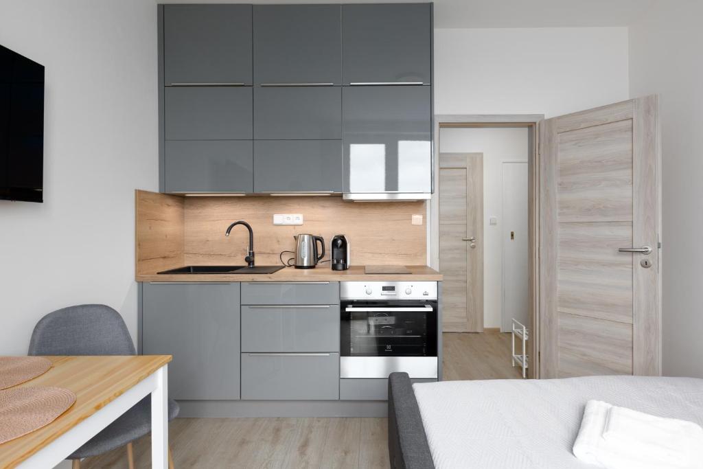 Kuchyň nebo kuchyňský kout v ubytování Apartmán u metra s terasou