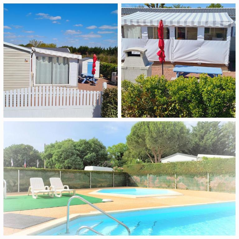 un collage de photos d'une maison et d'une piscine dans l'établissement Mobilhome Domaine des pins à Marennes plage, à Marennes