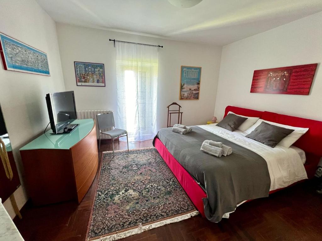 1 dormitorio con 1 cama grande y TV en Chez Vittoria, en Greccio