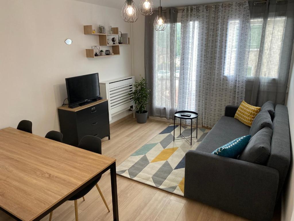 un salon avec un canapé et une table dans l'établissement Superbe appartement au bord de Vienne, à Limoges
