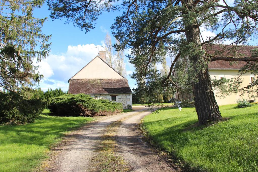 un chemin de terre devant une grange et un arbre dans l'établissement Le gîte du Haut-Breuil proche de Beauval châteaux de la Loire, à Vicq-sur-Nahon