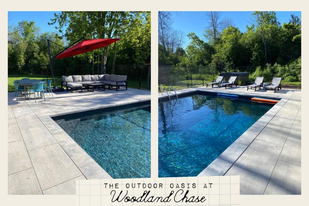 two pictures of a swimming pool with a red umbrella at Woodland Chase - Pool & Hot Tub by Wineries ST 2020-0259 in Wellington