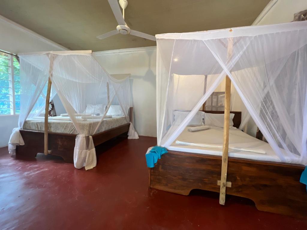 a bedroom with two beds with mosquito nets at Afro Rooms & Tents in The Beach in Kilindoni