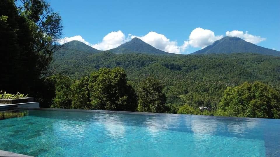 a swimming pool with mountains in the background at Nadya Homestay in Munduk