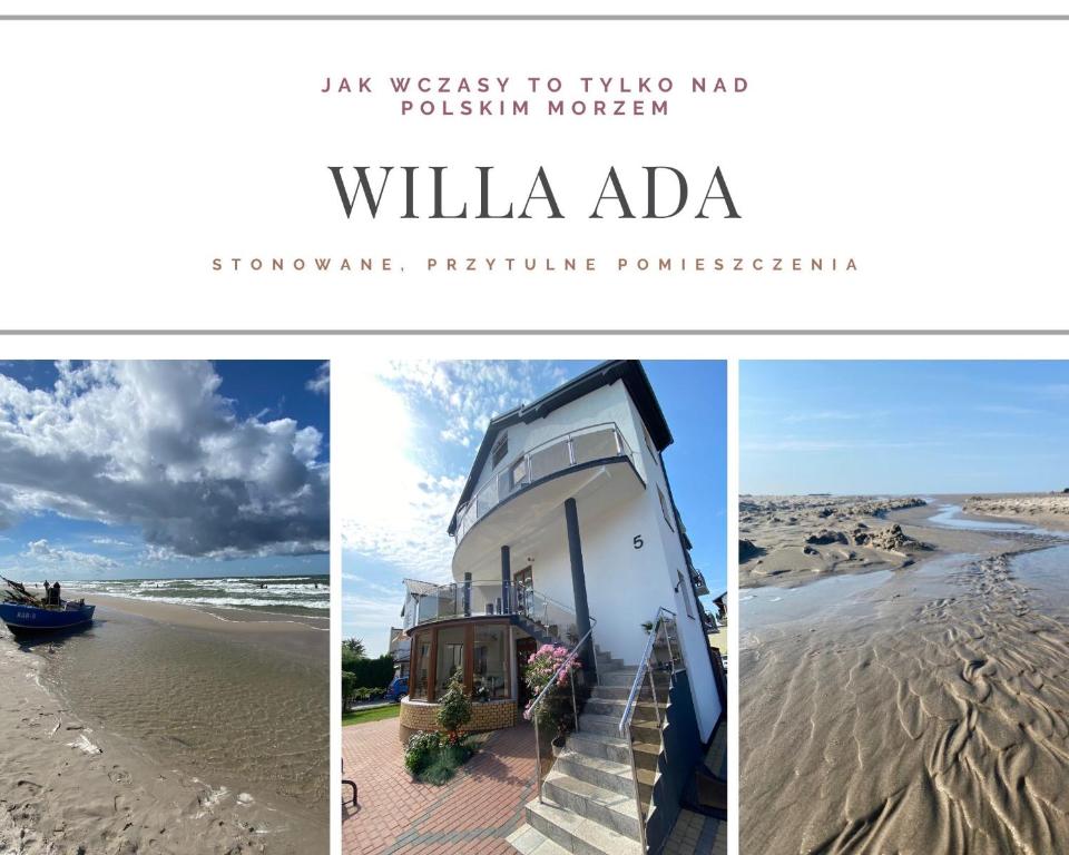 un collage de tres fotos de una casa en la playa en Willa Ada, en Karwia