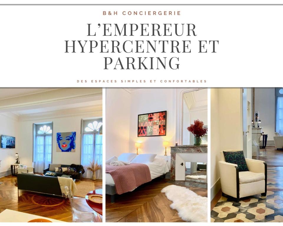 eine Collage mit zwei Bildern eines Schlafzimmers und eines Wohnzimmers in der Unterkunft L'empereur - Parking - Fibre - Netflix in Montauban