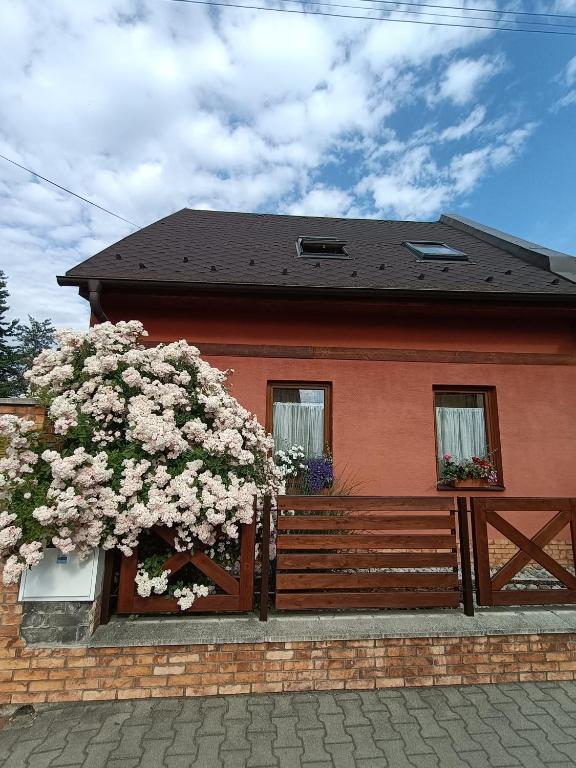 a house with a large flowering bush in front of it at Apartman U Adamov in Liptovský Mikuláš