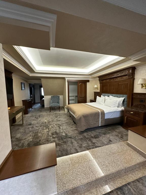 Duży pokój hotelowy z łóżkiem i biurkiem w obiekcie Pensiunea Eden w mieście Agapia