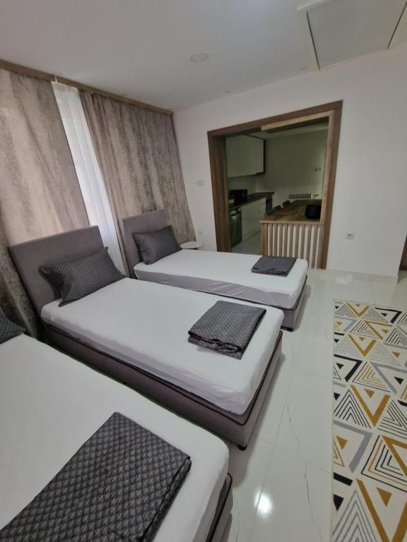 een kamer met 3 bedden en een spiegel bij Apartments Natural and Bungalows in Sarajevo