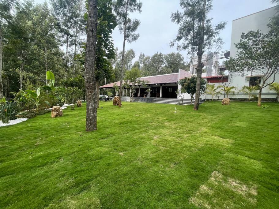 a green yard with trees in front of a building at Coffee minas estate bungalow in Yercaud