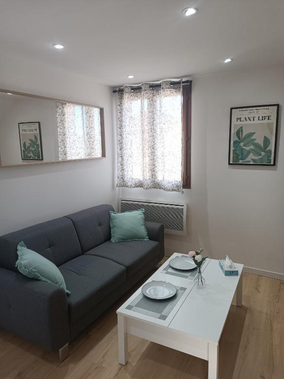 un salon avec un canapé et une table dans l'établissement logement cosy et au calme proche Paris Aéroport CDG DISNEY ASTERIX, à Fontenay-en-Parisis