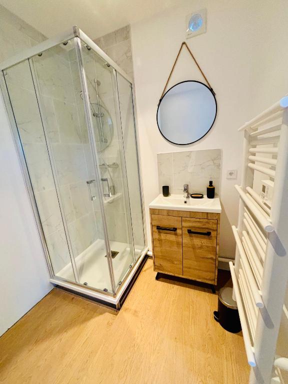 a bathroom with a shower and a sink and a mirror at Evasion tropicale in Bretteville-sur-Odon