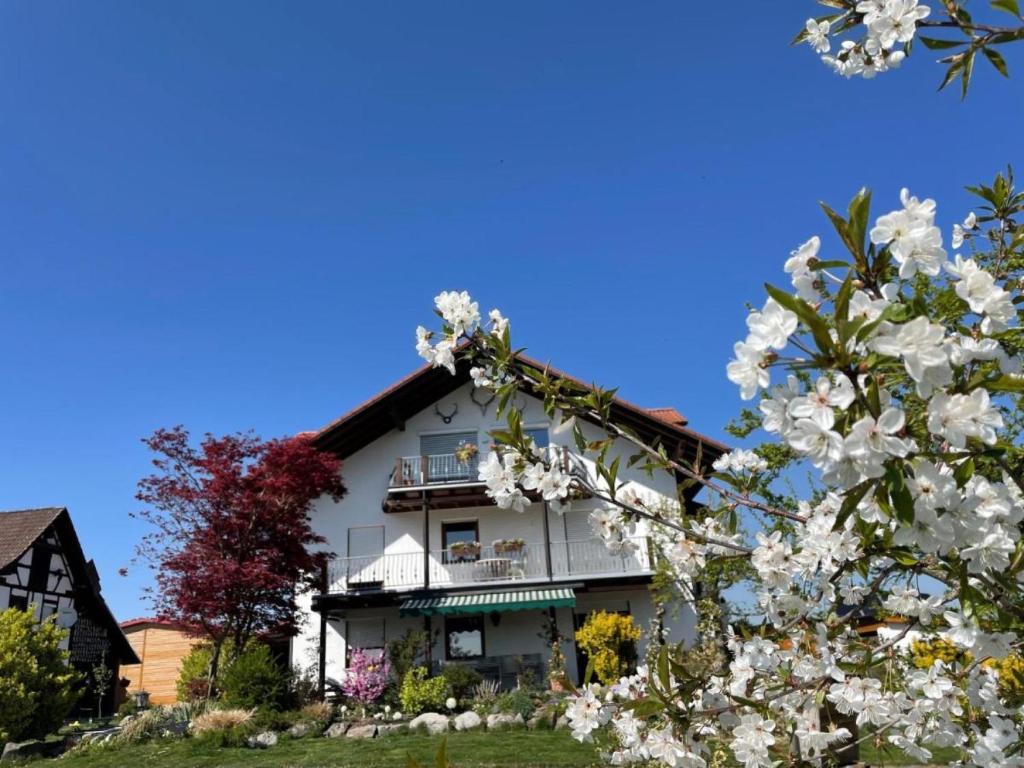 une maison avec des fleurs blanches devant elle dans l'établissement Bergchalet Mirabell - Hofgut, à Friedrichshafen