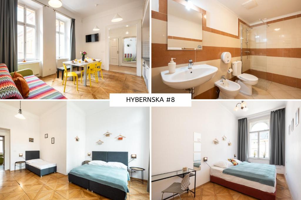 a collage of photos of a hotel room at Hybernska Apartments in Prague