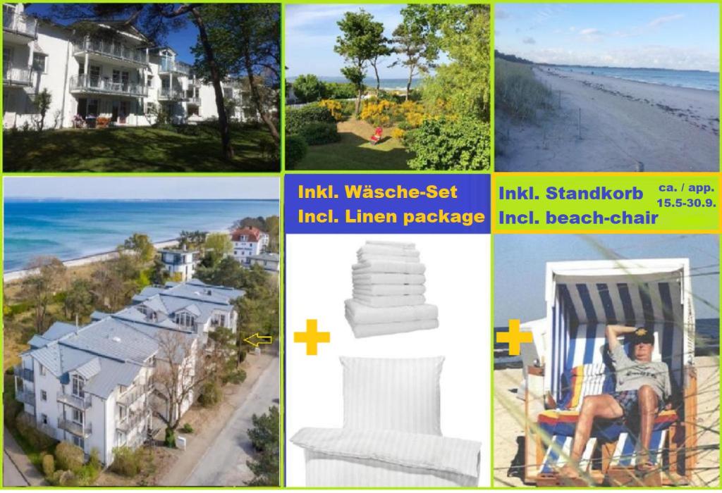 un collage de photos de maisons et de la plage dans l'établissement Ferien Wohnungen Arkonablick, à Juliusruh