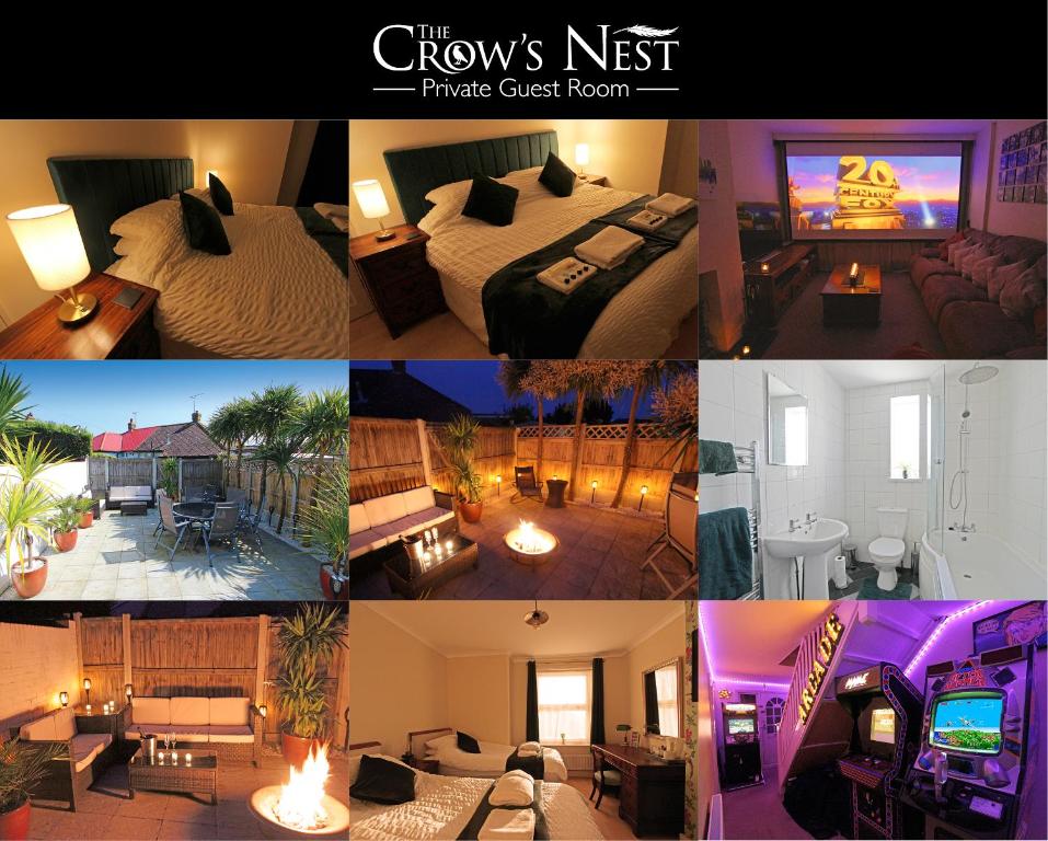 a collage of photos of a hotel room at The Crow's Nest in Broadstairs