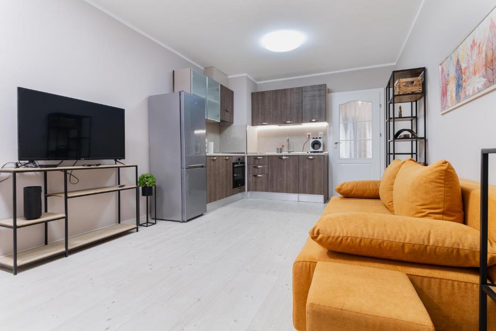 un salon avec un canapé et une cuisine dans l'établissement Cozy 2-bed Apartment, à Plovdiv