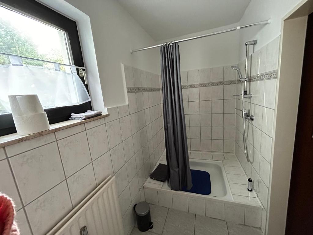 een badkamer met een bad en een douche met een raam bij FeWo beim Schmetterlings Park in Buchholz in der Nordheide
