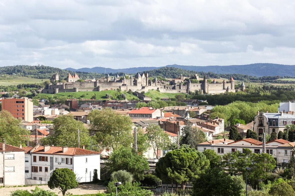 een stad met gebouwen en bomen bij Studio avec parking vue sur la Cité de Carcassonne in Carcassonne