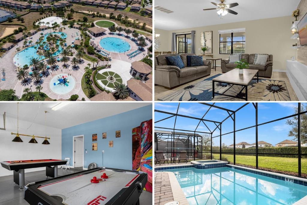 un collage de photos d'une maison avec une piscine dans l'établissement 5 Bedrooms - 4,5 Bathrooms - Champions Gate 1404 Mv, à Orlando
