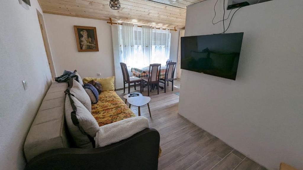 uma sala de estar com um sofá e uma televisão em Apartman Baco em Žabljak