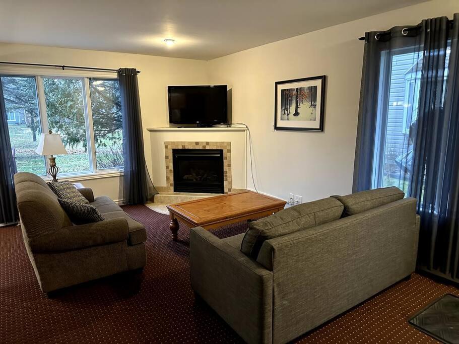 ein Wohnzimmer mit 2 Sofas und einem Kamin in der Unterkunft Peaceful Golf Spa in Collingwood