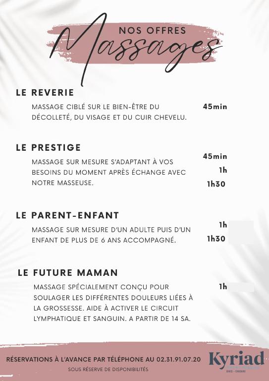 a menu for the no offersnesnesges restaurant at Kyriad Prestige Residence & Spa Cabourg-Dives-sur-Mer in Dives-sur-Mer