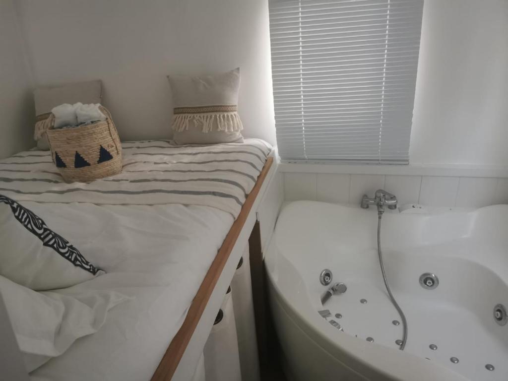 uma casa de banho com uma cama e uma banheira em Bateau Mama Mia em Narbona