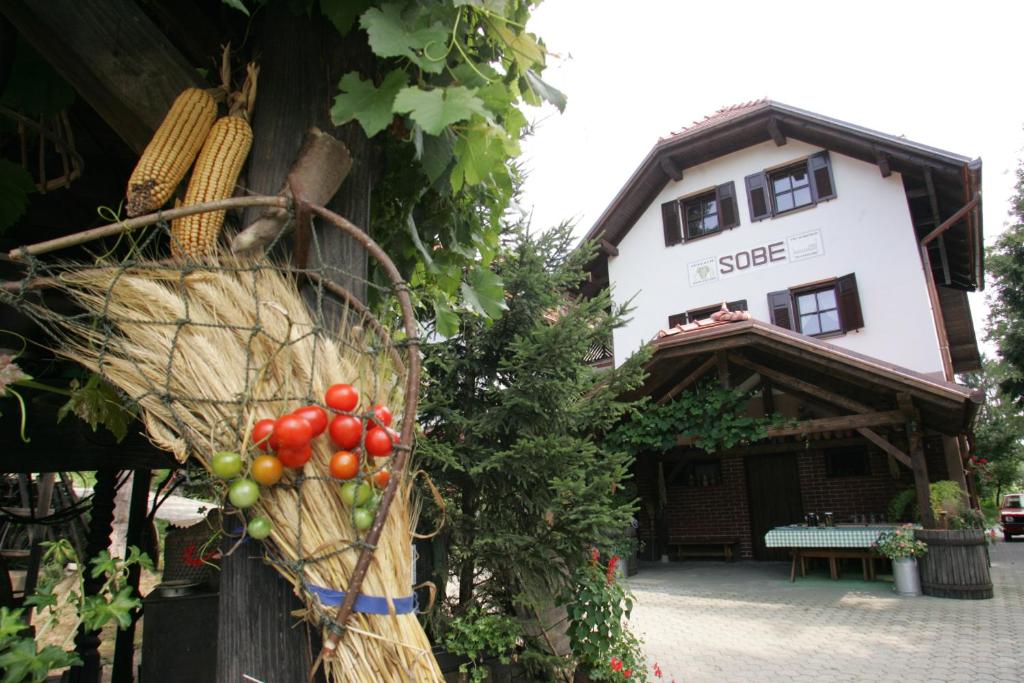 Ein Gebäude mit einem Haufen Trauben und Tomaten drauf. in der Unterkunft Farm Stay Frank Ozmec Wine and Glamping estate in Ljutomer