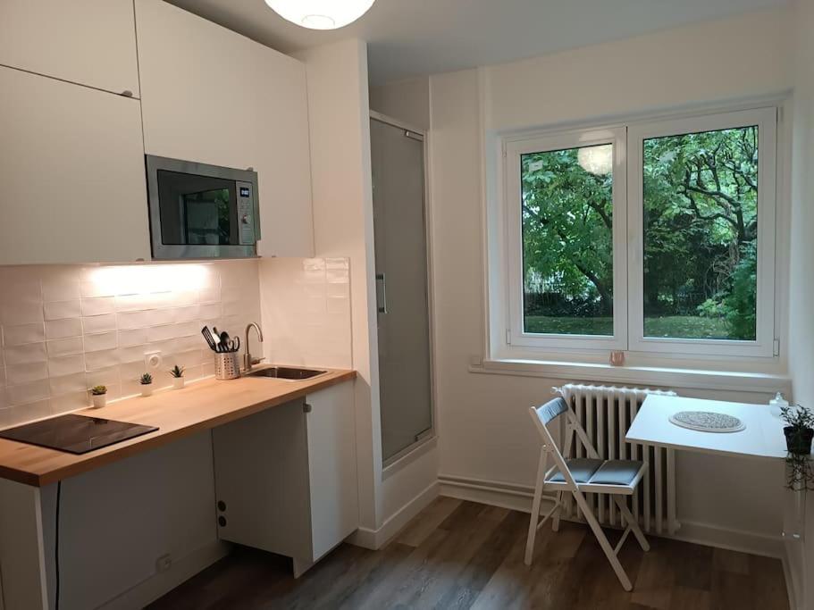 a kitchen with a sink and a table and two windows at Studio à 35 min du cœur de Paris in Saint-Cloud