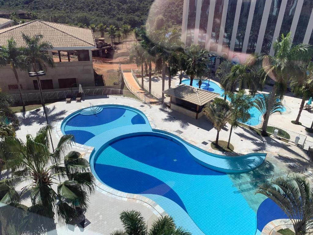 - une vue sur la grande piscine bordée de palmiers dans l'établissement Apartamento nas dependencias do Recinto de Rodeio em Barretos, à Barretos