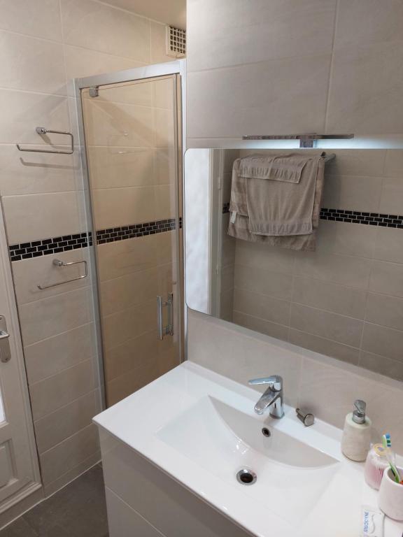 une salle de bain avec un lavabo et une douche avec un miroir dans l'établissement Appartement vue sur le port, à Martigues
