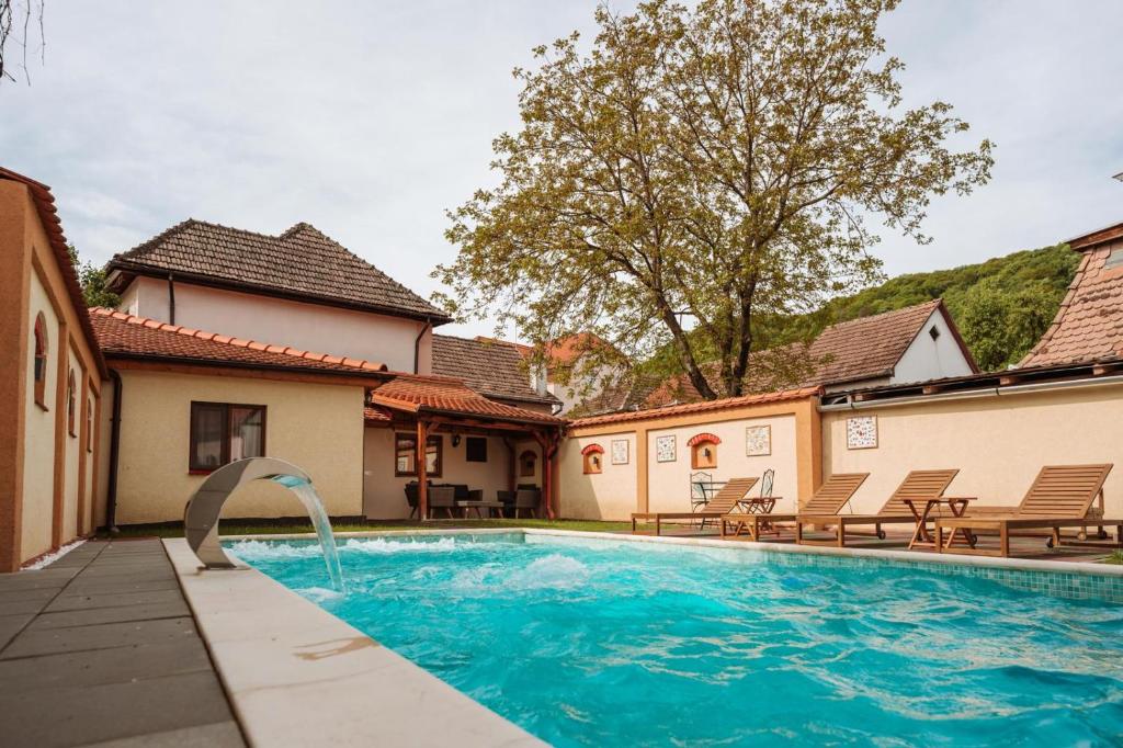 a swimming pool with a fountain in a house at Carolina House in Sighişoara