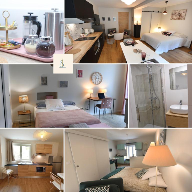 un collage de photos d'une chambre d'hôtel dans l'établissement Ange - Wifi, Terrasse, parking à proximité, mon séjour à Arbent, à Arbent