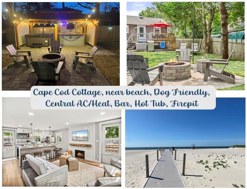 un collage de photos d'un patio et d'une arrière-cour dans l'établissement Cape Cod Cottage, near Beach, Hot Tub, AC, Dog Friendly, à Yarmouth
