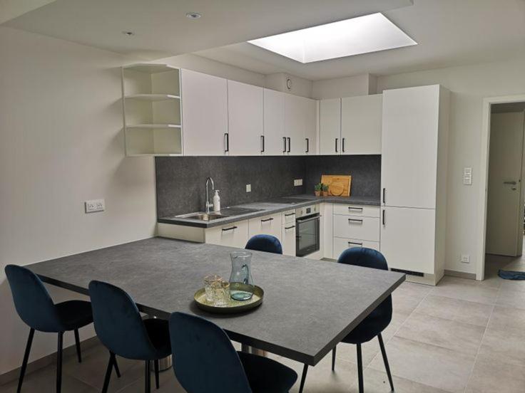 a kitchen with a table and blue chairs in a room at High Standing Suites Premium in Liège in Liège