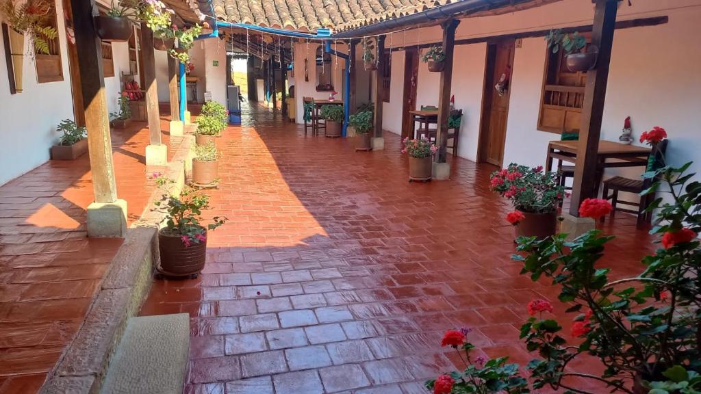einen Flur mit Topfpflanzen und Ziegelboden in der Unterkunft Hotel Casa del Marquez de Bahichala in Barichara