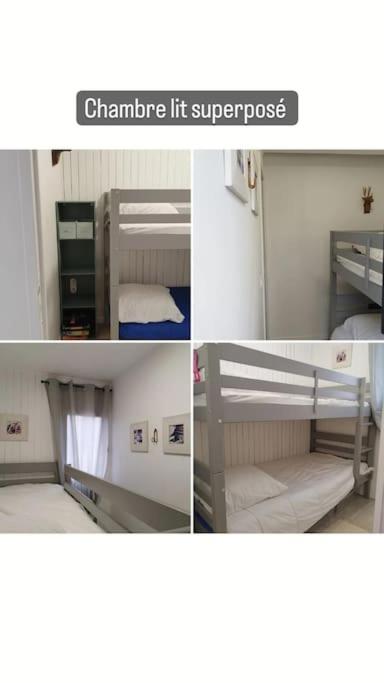 un collage de photos d'une chambre avec des lits superposés dans l'établissement Chaleureux Chalet Lac Roussinas, à Anglès