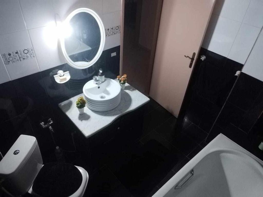 La salle de bains est pourvue d'un lavabo, de toilettes et d'un miroir. dans l'établissement DAR EL3EZ, à Sicca Veneria