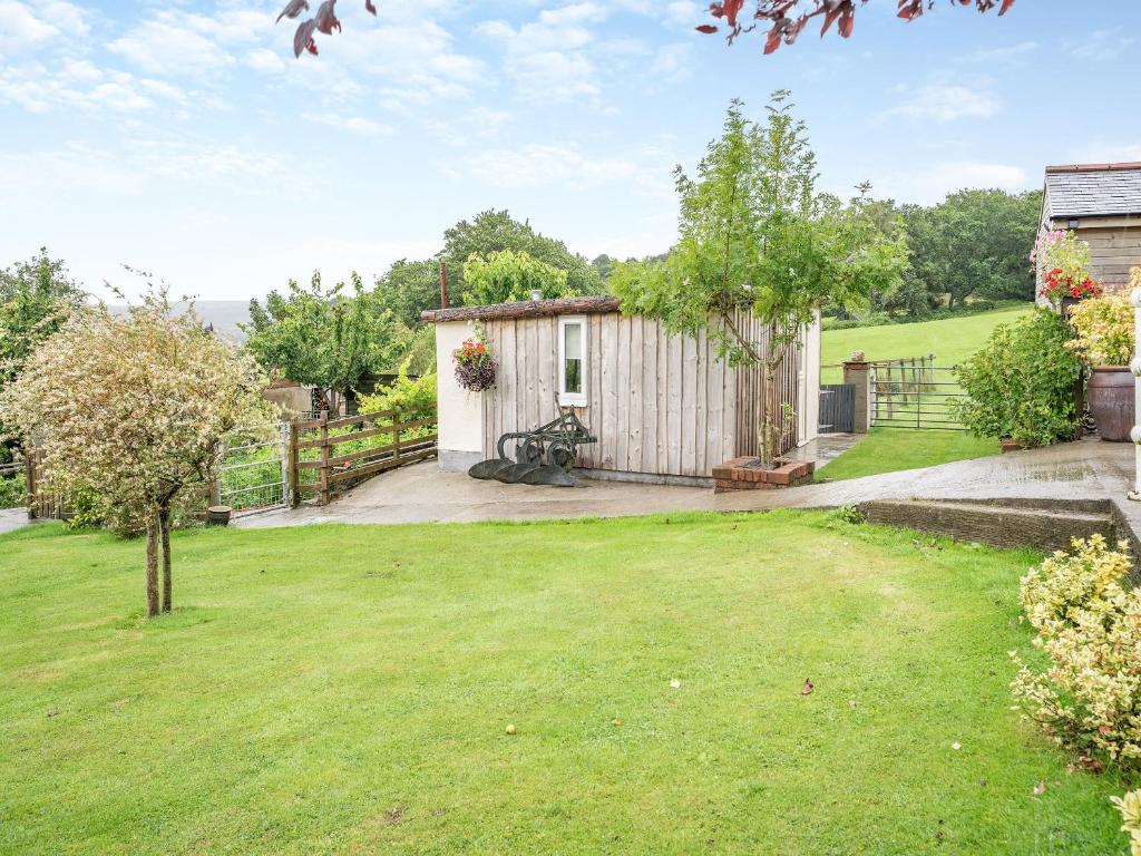 a small shed in a garden with a yard at Molehill Lodge in Ammanford