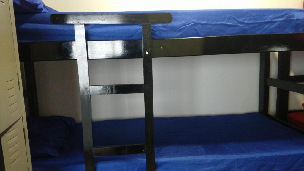 a bunk bed with blue sheets and a ladder at TECH Hostel in Sao Paulo