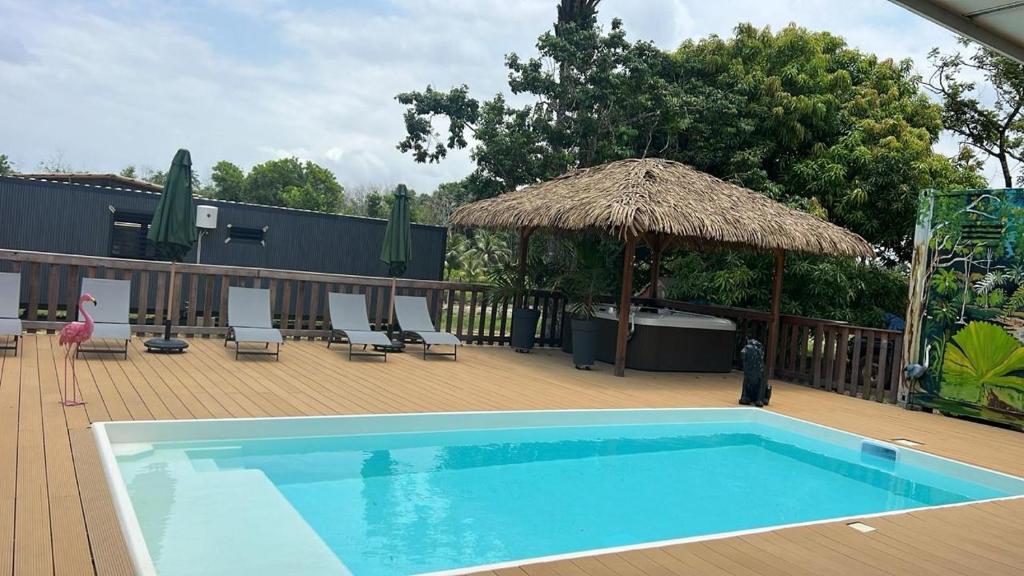 a swimming pool with a straw umbrella and chairs at MBS Studio LA CARAPA in Guenouillet