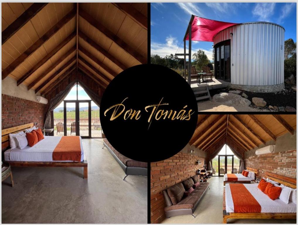 a collage of four pictures of a room with a bed at Don Tomas Viñedo cabañas in Valle de Guadalupe