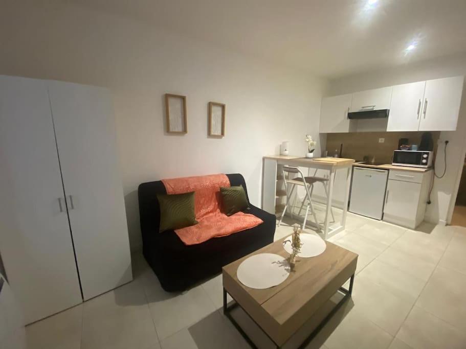 un salon avec un canapé et une table dans l'établissement Studio centre de Béziers, à Béziers