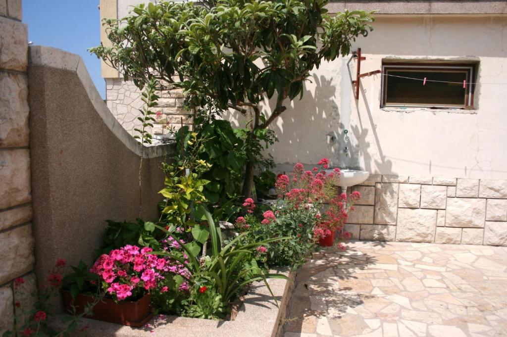 a garden with flowers and a tree next to a building at Apartments by the sea Jezera, Murter - 5123 in Jezera